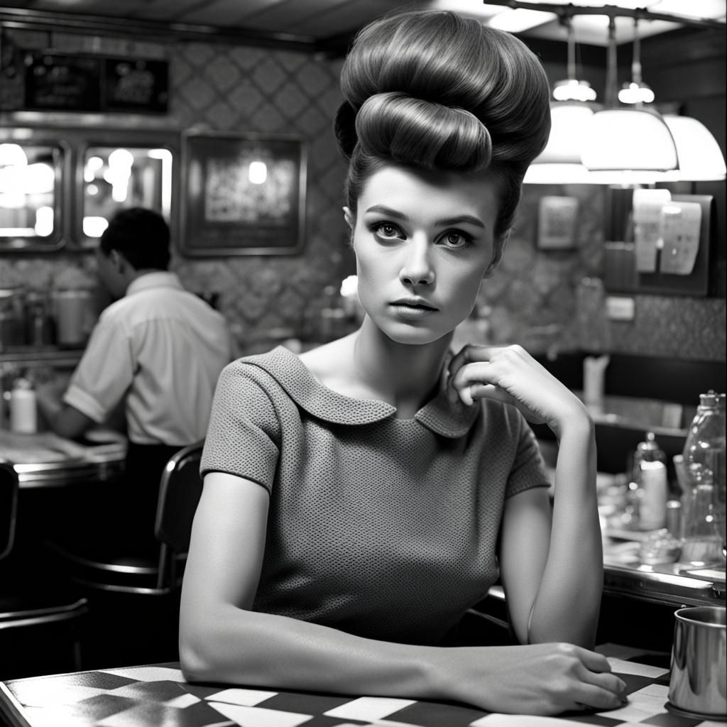 Girl with Beehive in 1960s Diner Photo