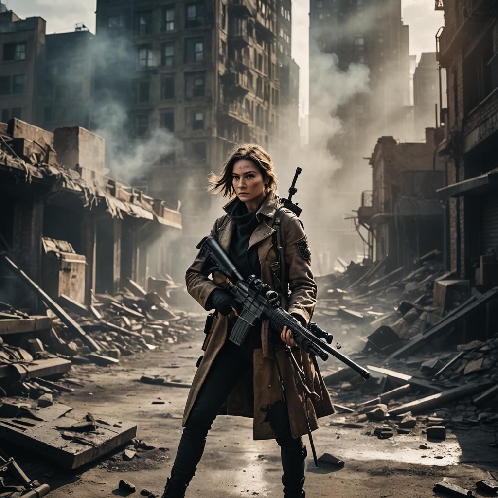 Battle-Weary Woman with Sniper Rifle in Gritty Cinematic Sty...