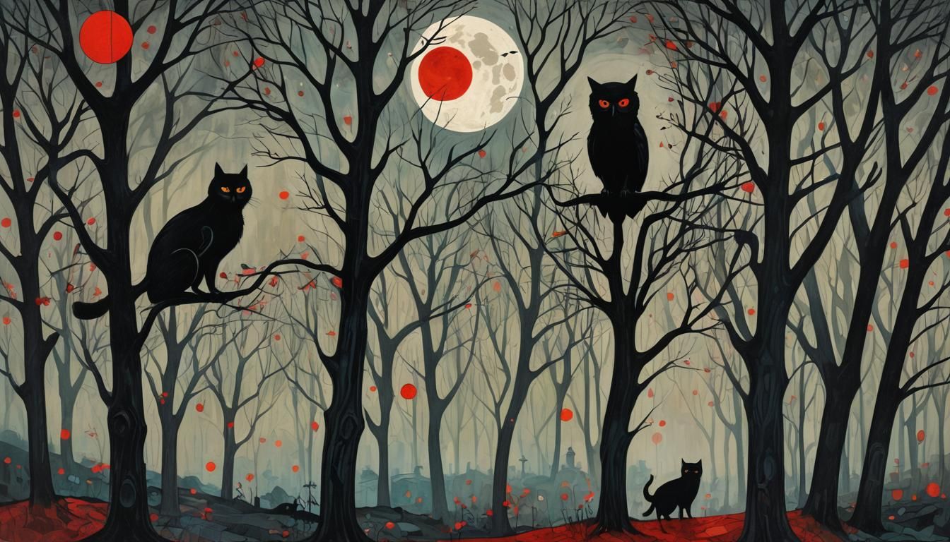 Cat and Owl Fight in Expressionist Gothic Style