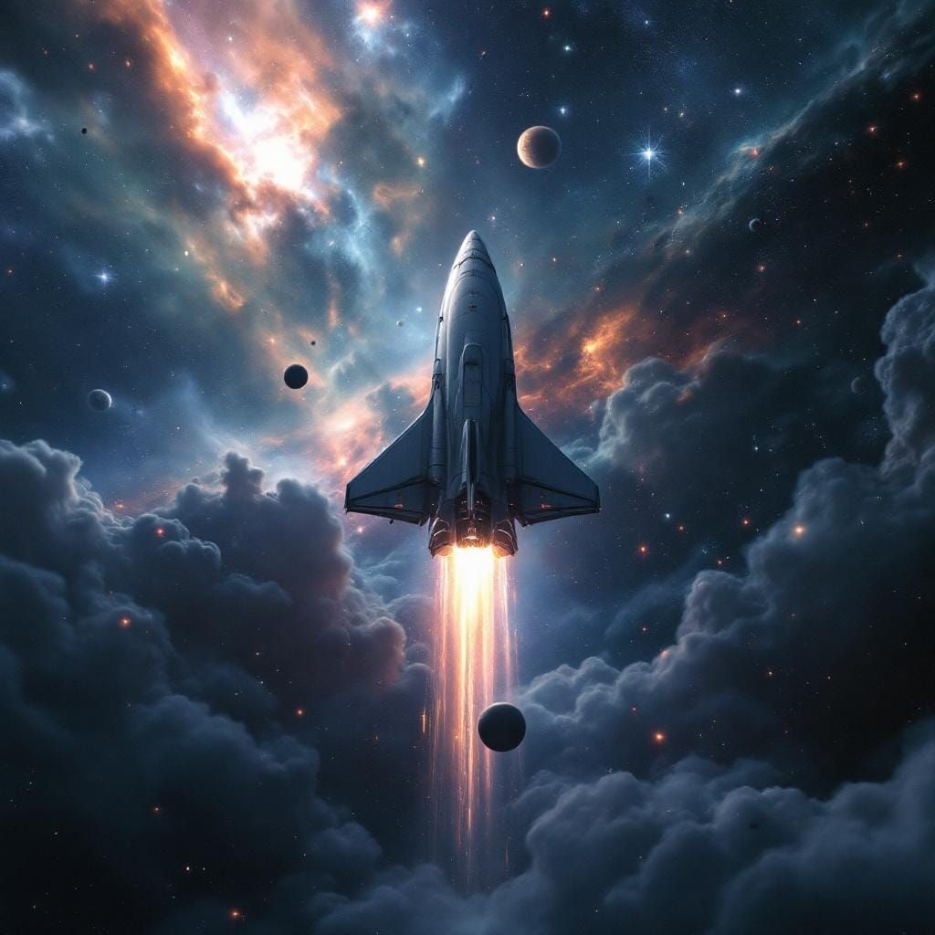 Cinematic Rocketship in Cosmic Landscape Film Still