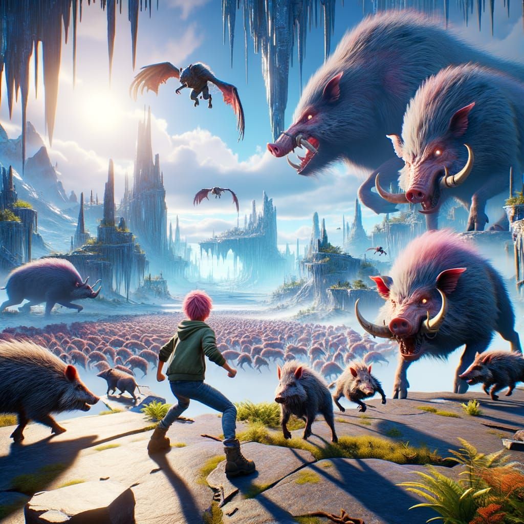 Pink-Haired Boy Battles Evil Boars in Prehistoric World