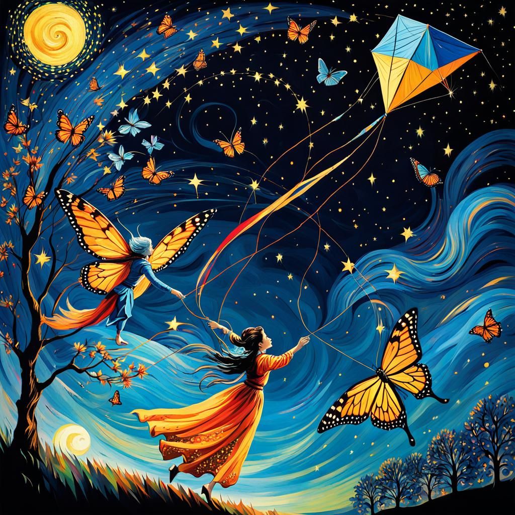 Fairy Flies Kite on Starry Night in Van Gogh Style
