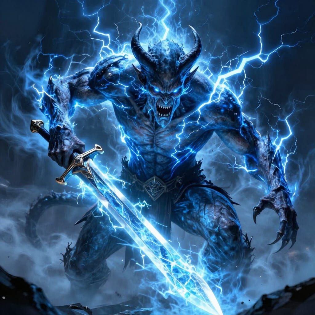 Fearsome Demon Wielding Ice Sword with Lightning