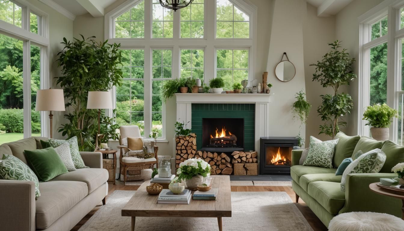 Romantic Green and White Living Room with Garden View