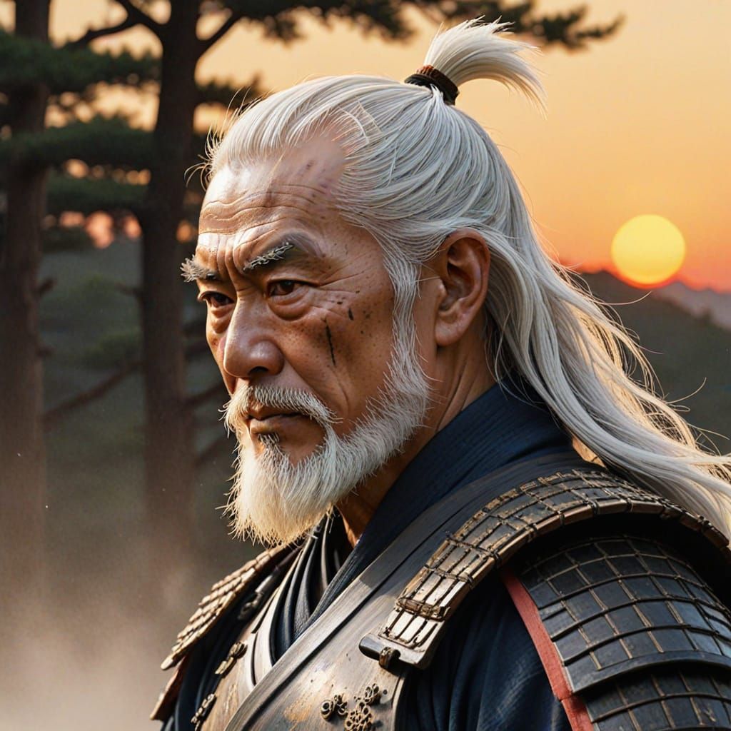 Japanese Samurai in Full Armor, Profile View, Long White Hai...