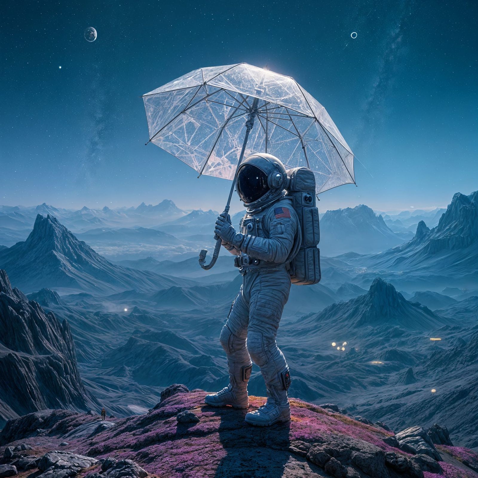 Astronaut on Distant Planet Holds Nanomaterial Umbrella in S...