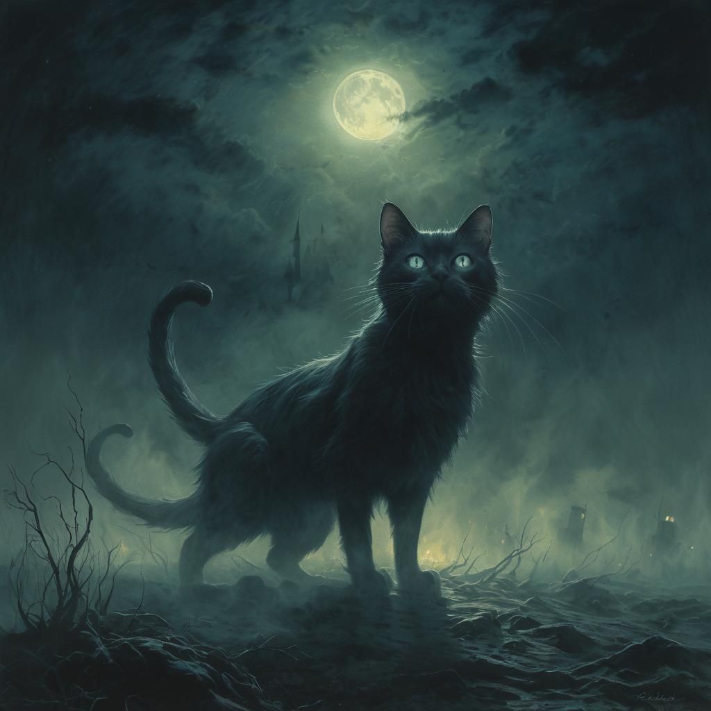 Ethereal Cat in Moonlit Mist as Dark Fantasy Art