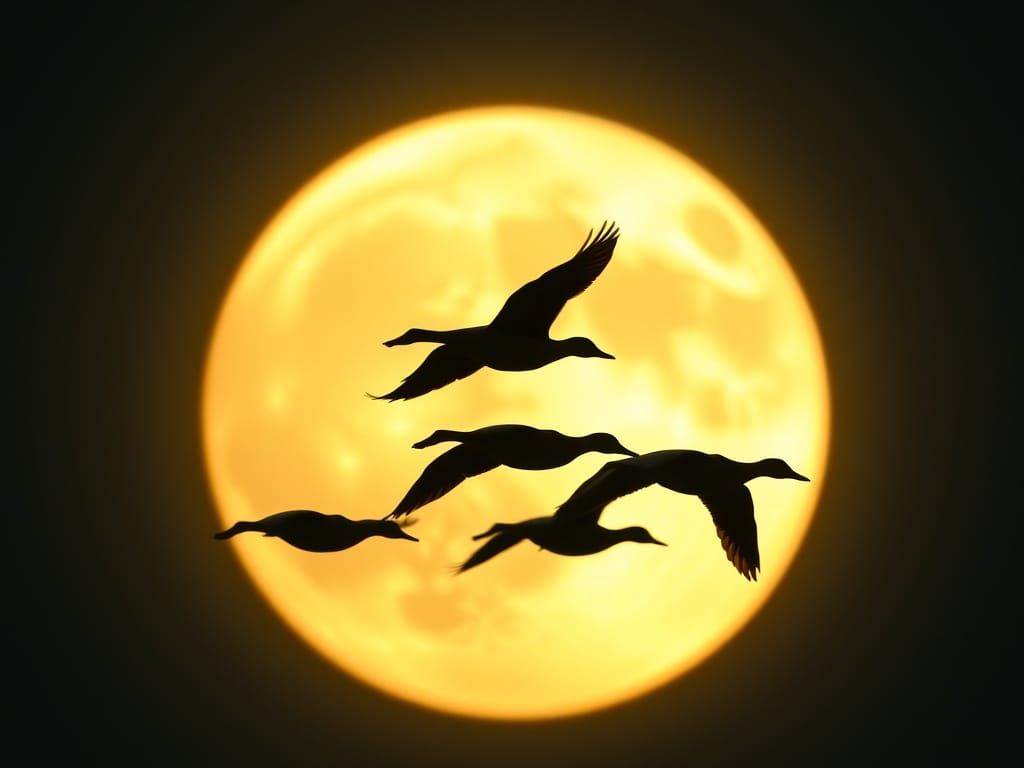 Ducks Silhouetted Against a Glowing Moon