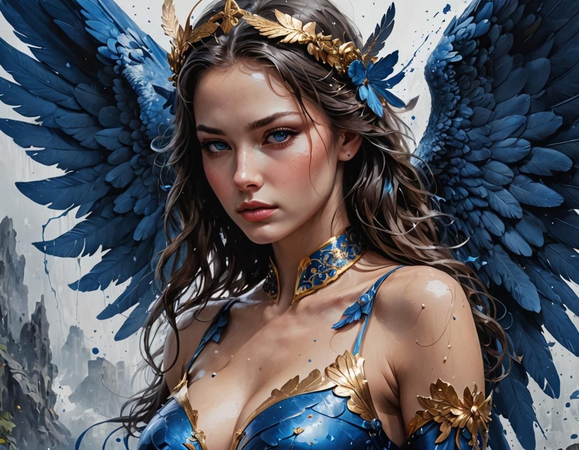 Beautiful Blue Angel Portrait in Splash Art Style