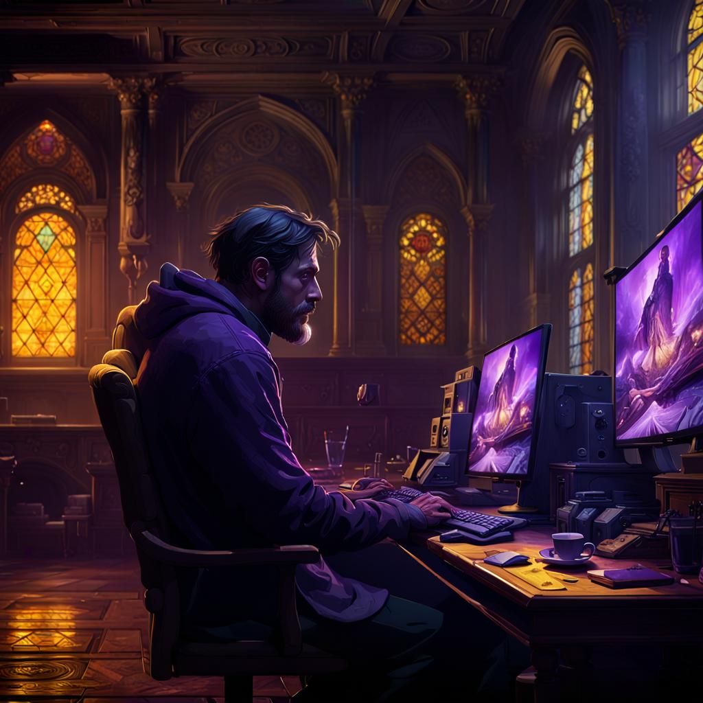 Dark Fantasy Man in Dark Room with Computer