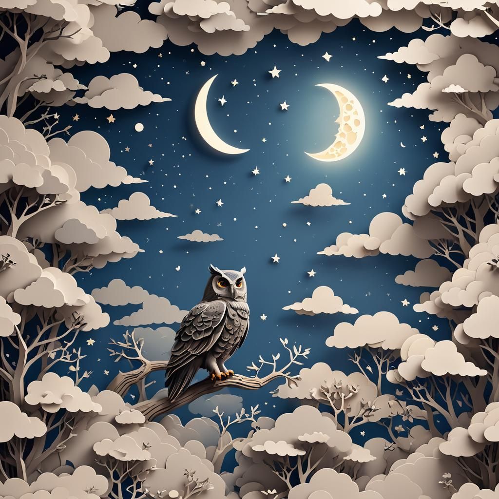 Papercut Owl Soaring Through Heavenly Night Sky