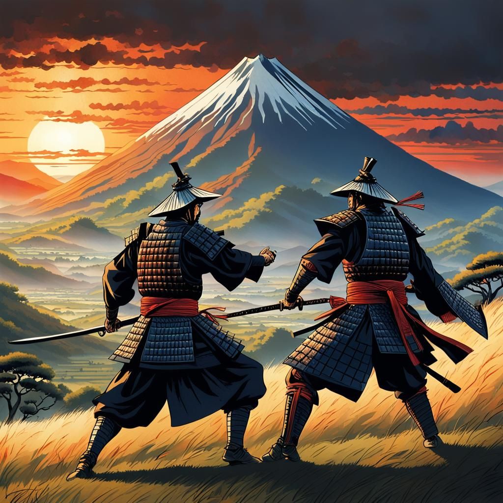 Samurai Duel at Sunset in Feudal Japan