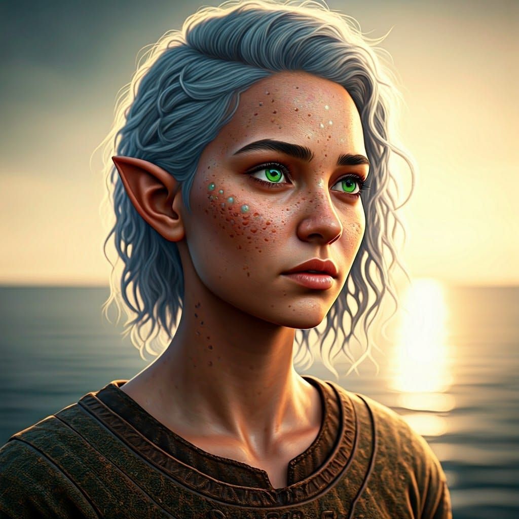 Half-Elf Fisherwoman in Golden Light, Detailed Digital Art