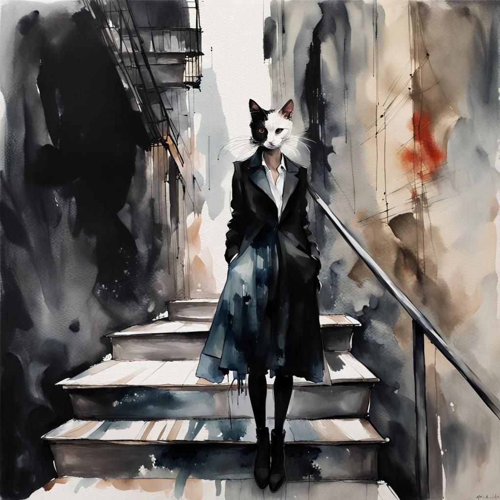 Elegant Urbanite in Grimy Alleyway, Abstract Watercolour