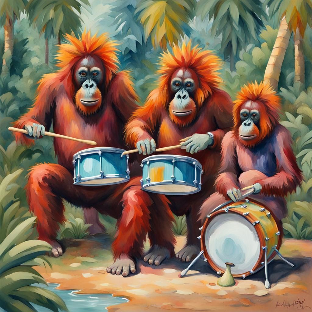 Orangutan Drummers: An Impressionist Gouache Masterpiece