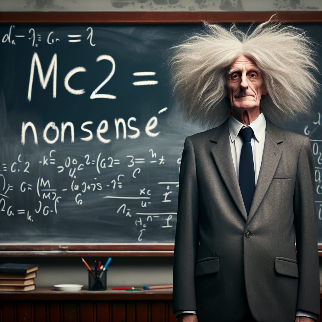 Albert Einstein in front of chalkboard. Text on chalkboard  ...