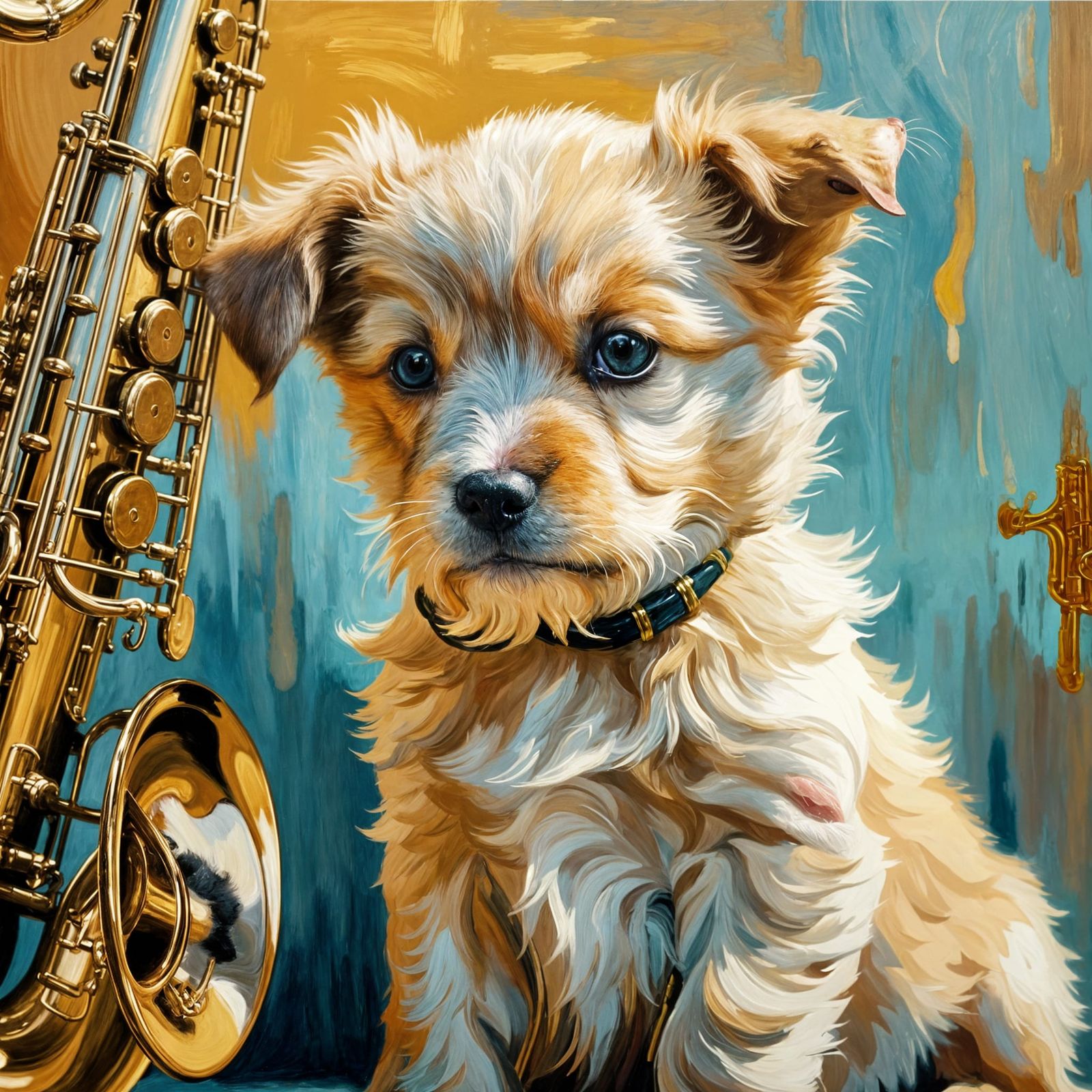 Puppy with Saxophone: Oil Painting in Impressionist Style