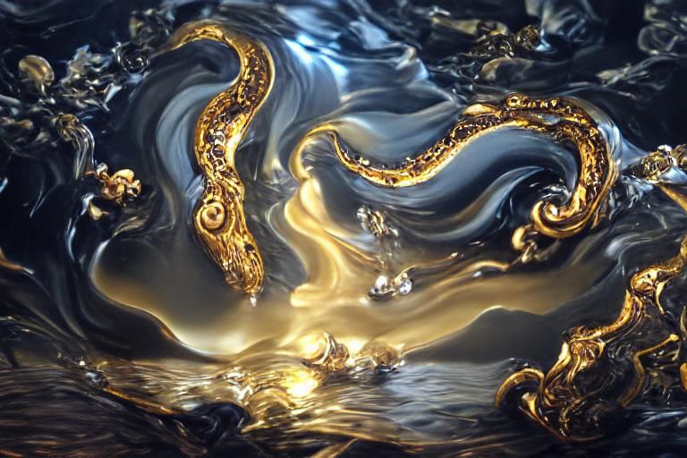 Hyperrealistic Rococo Obsidian Water and Gold