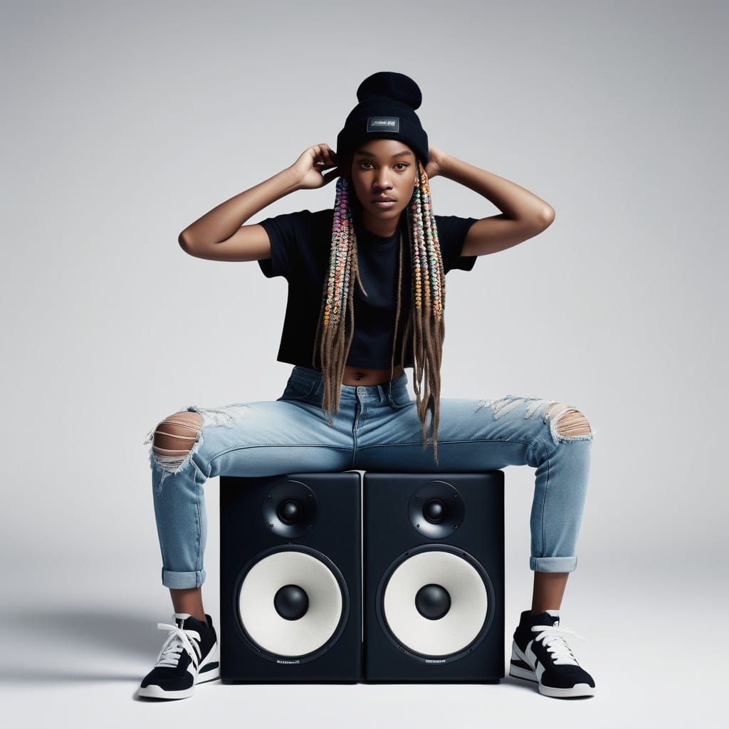 Young Black Woman in Trendy Fashion, Confidently Sitting on ...