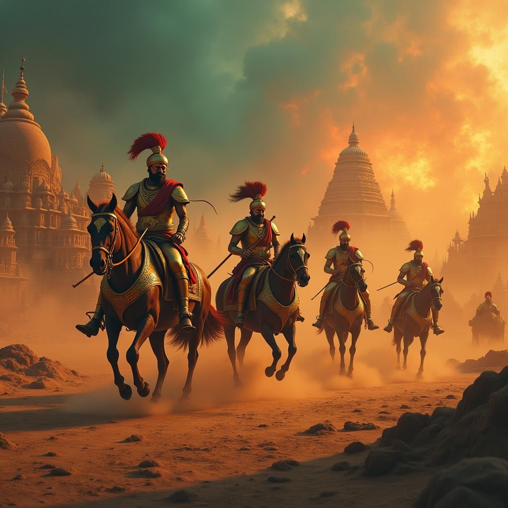 Hindu Cavalry Charging Burning City as Matte Painting