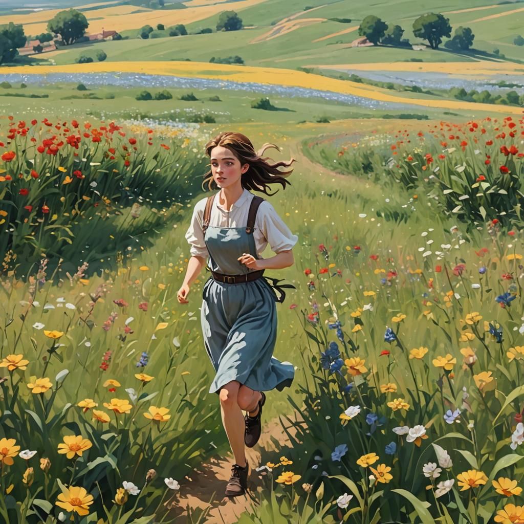 Girl in Flower Field: American Impressionism Oil Painting