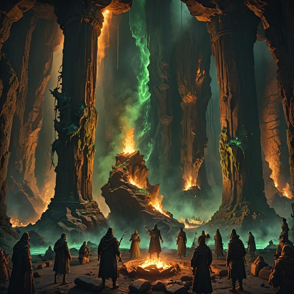 Underground Ritual with Green Fire Pillar