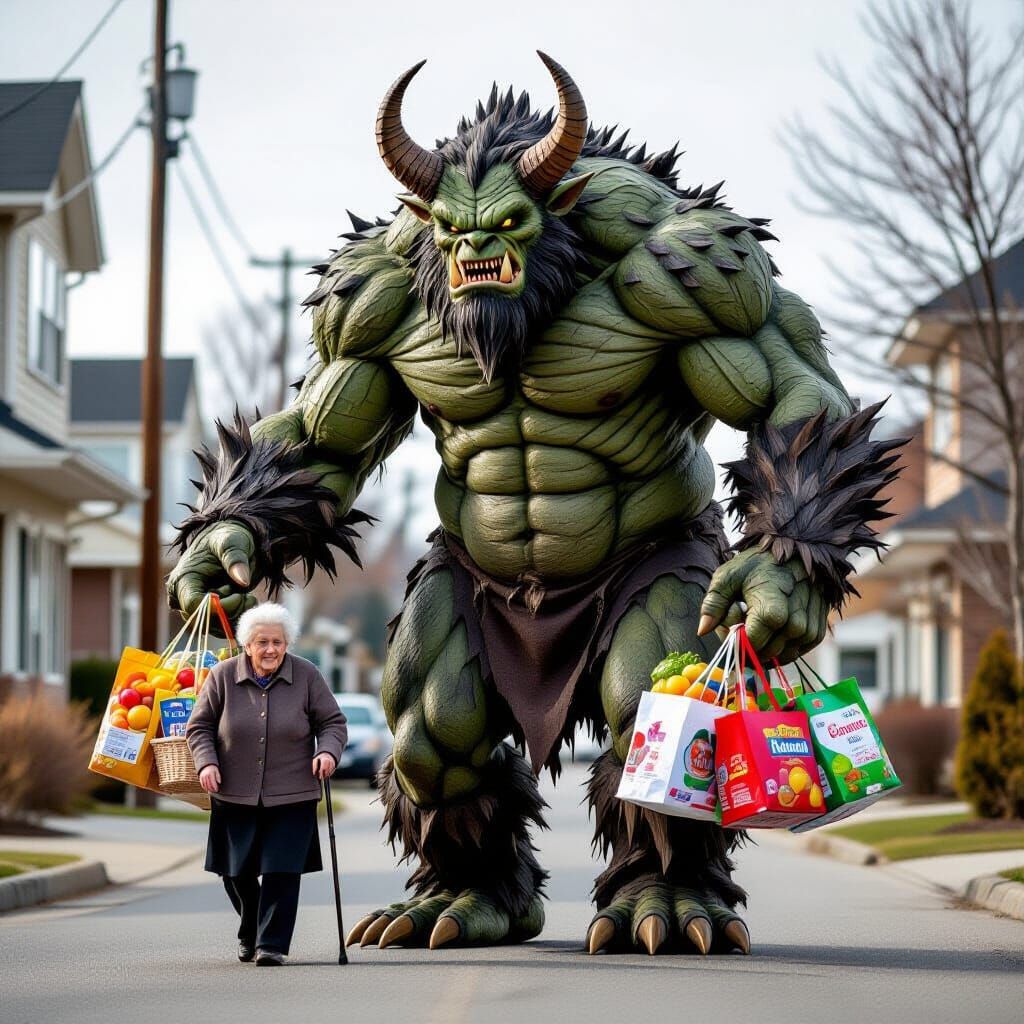 Gentle Monster Helping Elderly Person with Groceries