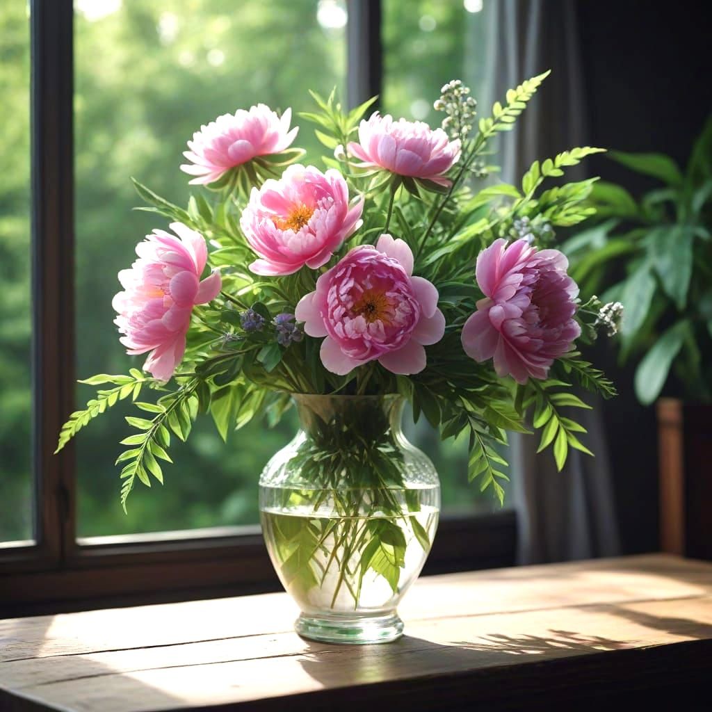 Elegant Bouquet of Peonies and Lupin in Sunset Light