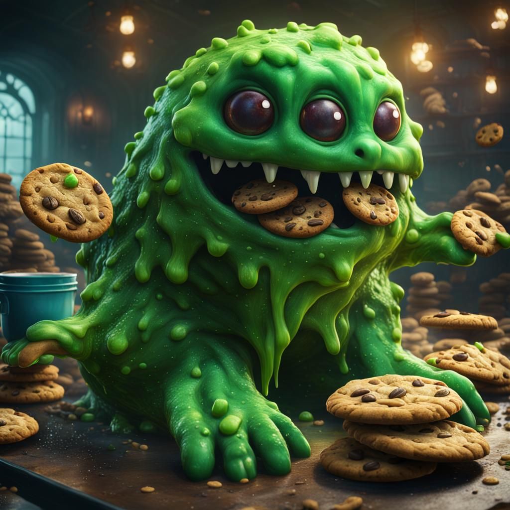 Green Slime Monster with Cookies: Fantasy Concept Art