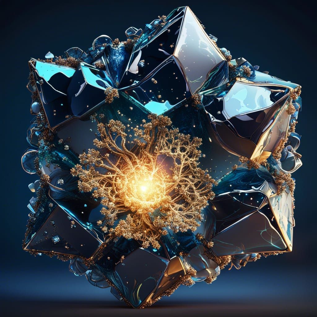 Cracked Blue Crystal Cube with Gold and Nebula