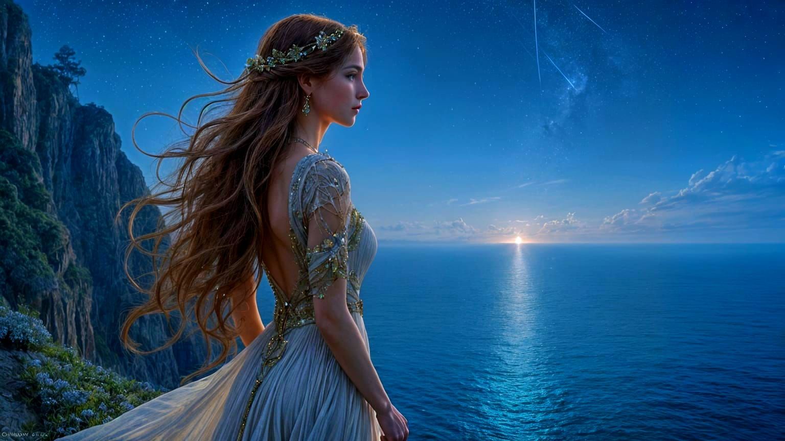 Serene Woman on Cliff Overlooking Starlit Ocean in Art Nouve...