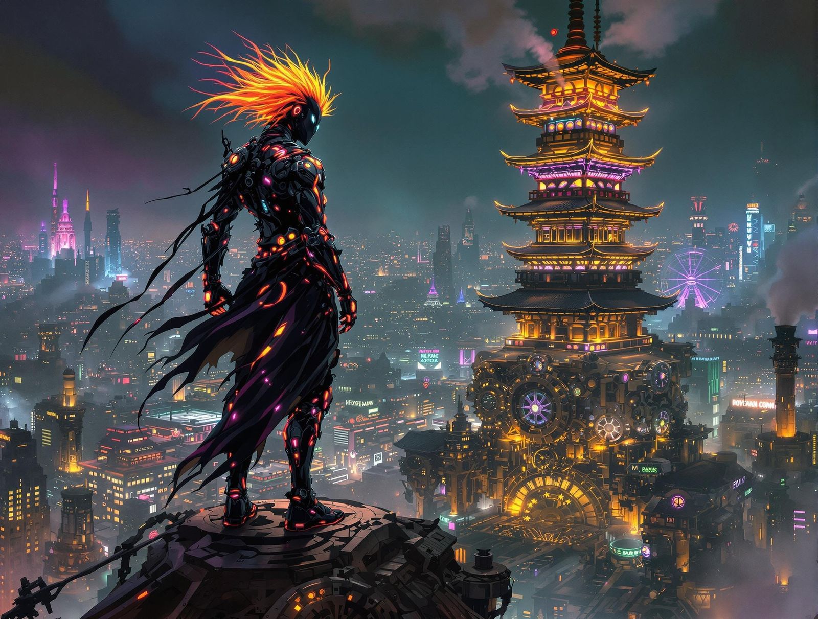 Gothic Cyborg Ninja Overlooking Neon Metropolis