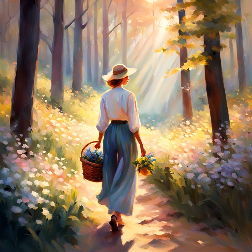 Woman in Forest: An Impressionistic Oil Painting