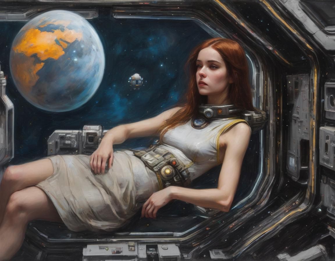 Android Woman in Space, Oil Painting Style