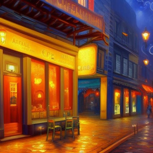 French Cafe at Night in Impressionistic Oil Painting Style