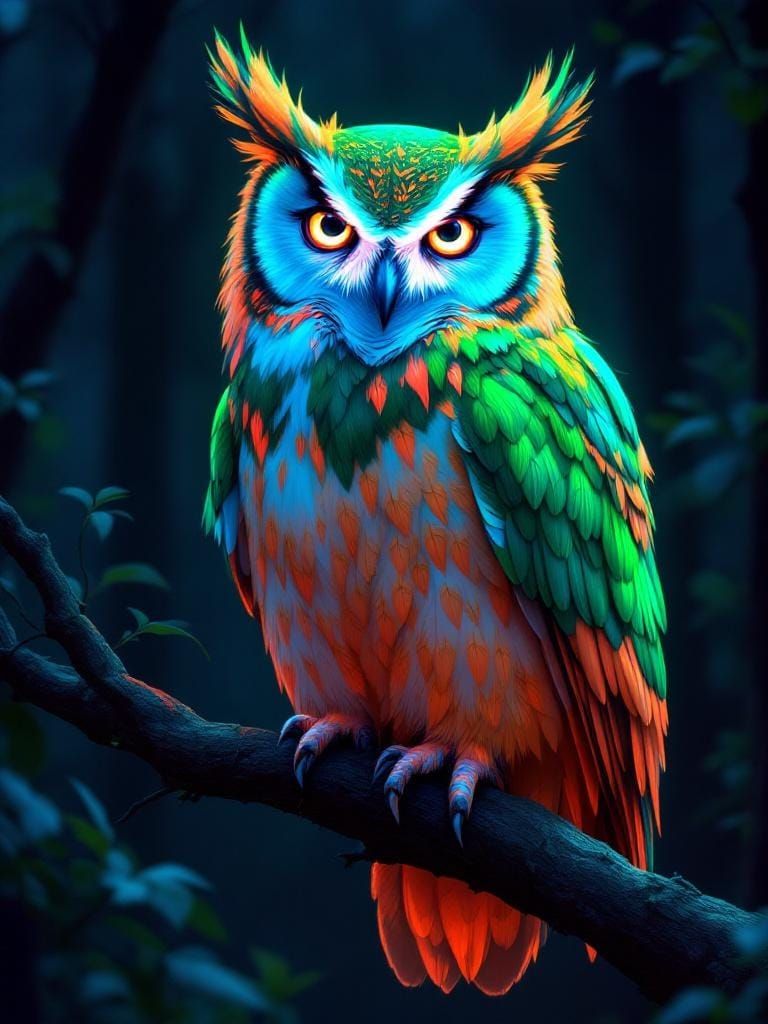 Neon Owl in Dark Forest Fantasy Illustration