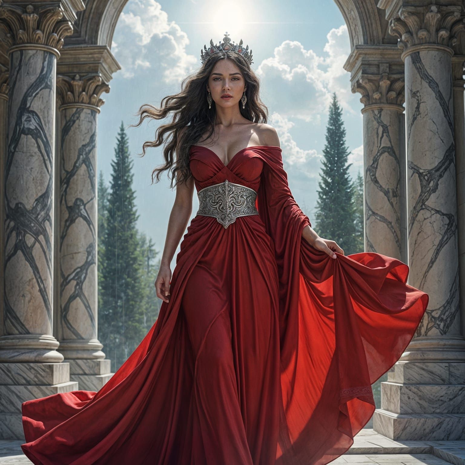 Roman Goddess in Temple Amidst Storm, Highly Detailed