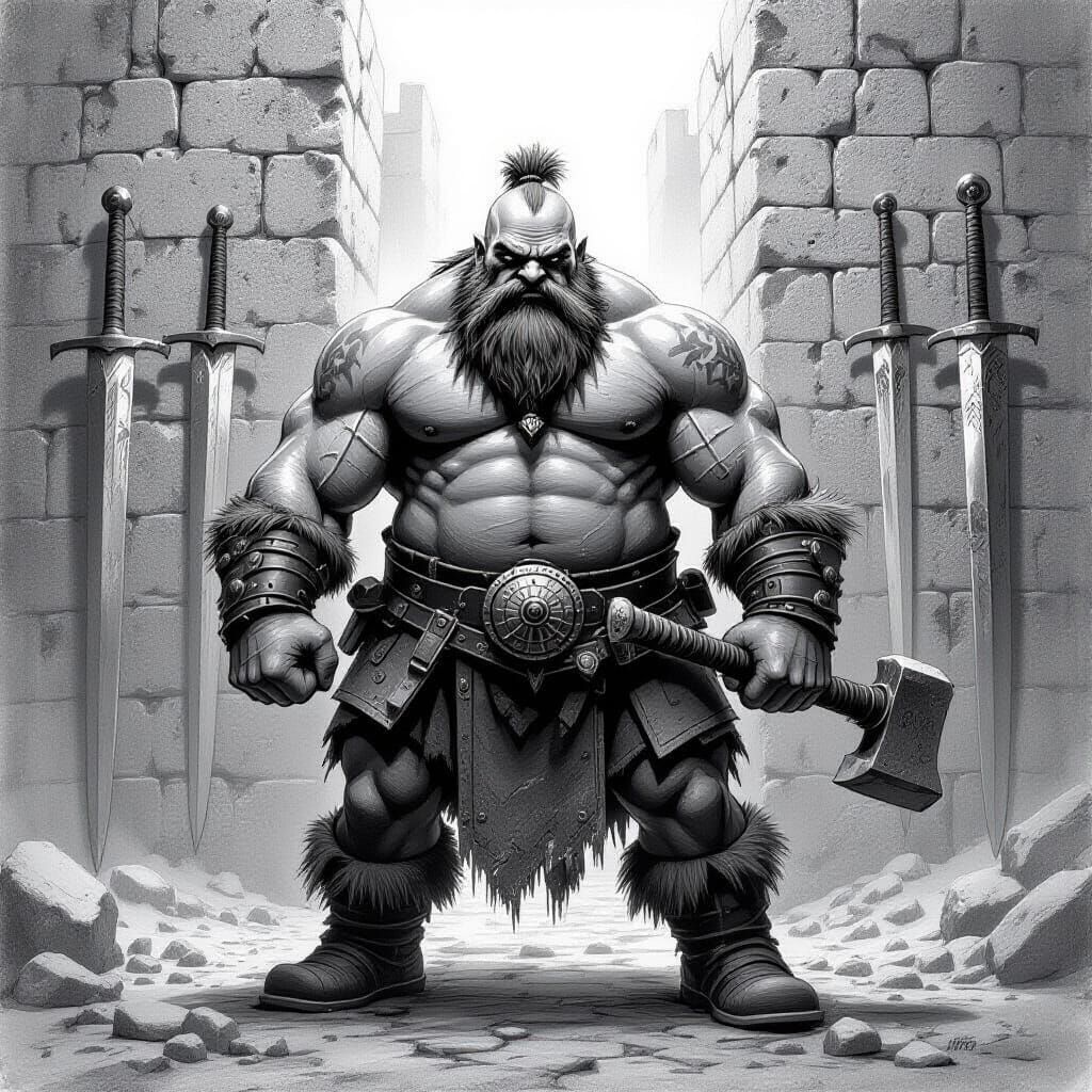 Charcoal Drawing of a Blacksmith with Swords