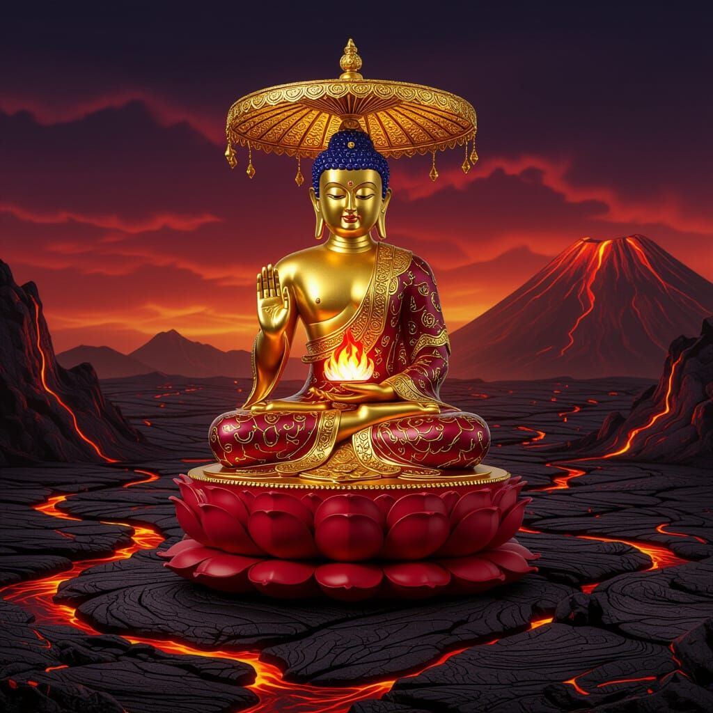 Golden Buddha Statue Above Lava Flows