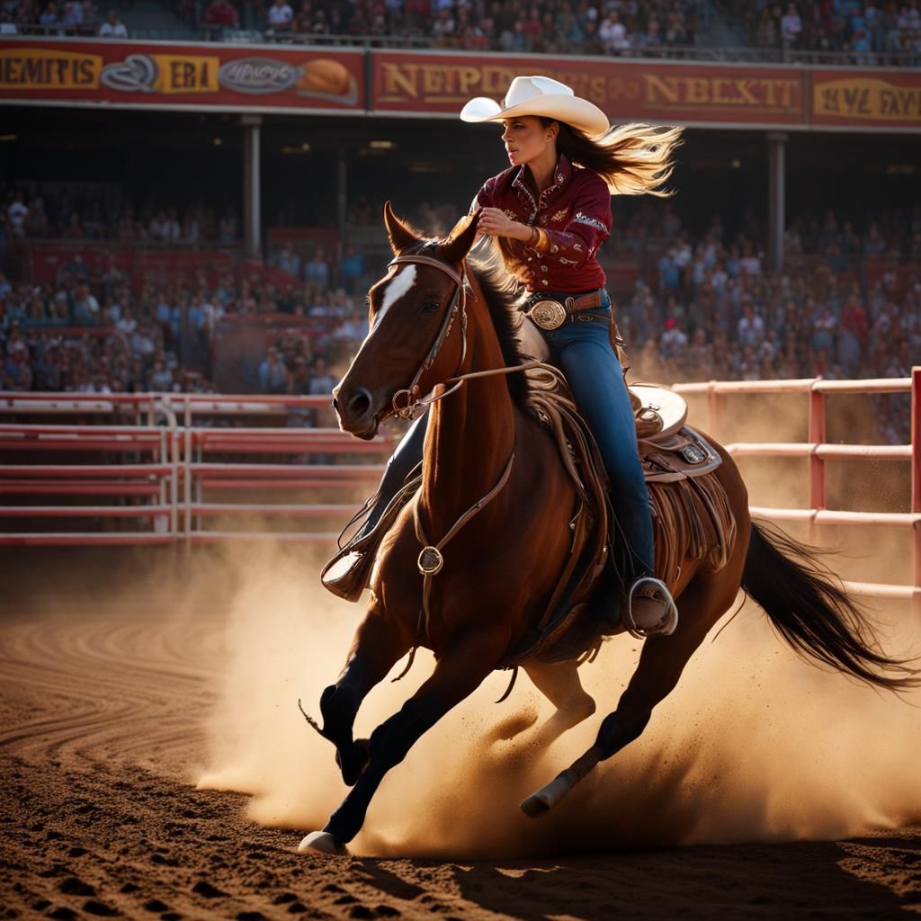 Rodeo Cowgirl on Horse, Hyperrealistic Arena Scene