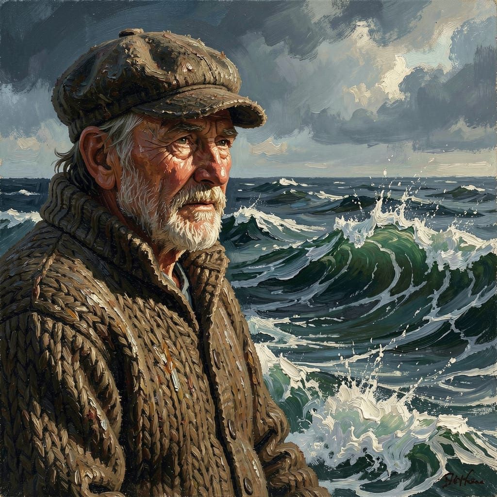 Weathered Fisherman Gazing at Tempestuous Sea in Impasto Sty...