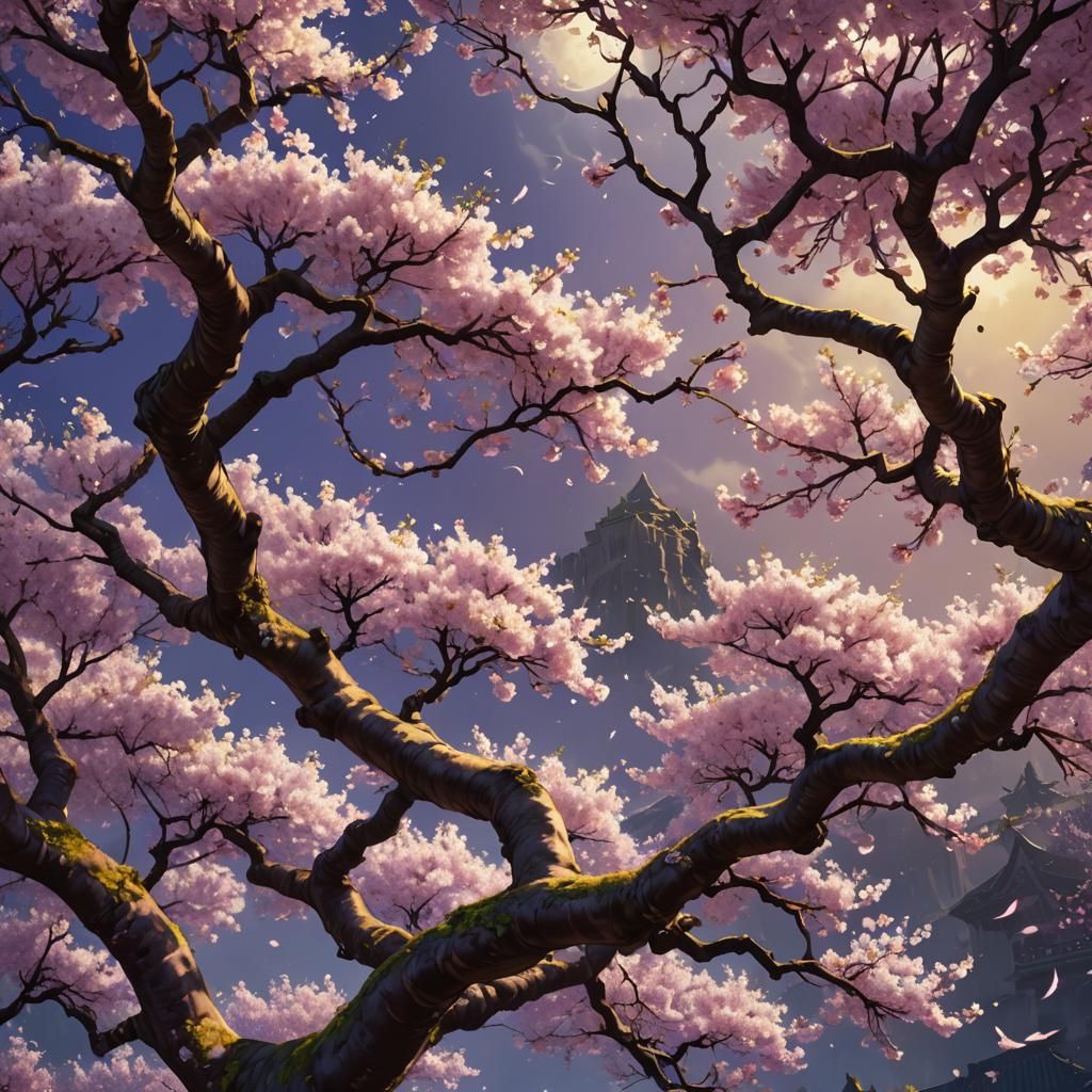 Ancestral Parchment Over Cherry Trees: Dark Fantasy Art