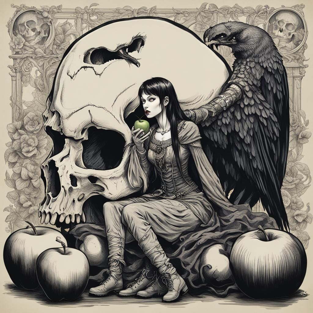 Morrigan in Skull Eating Apple: Vintage Art