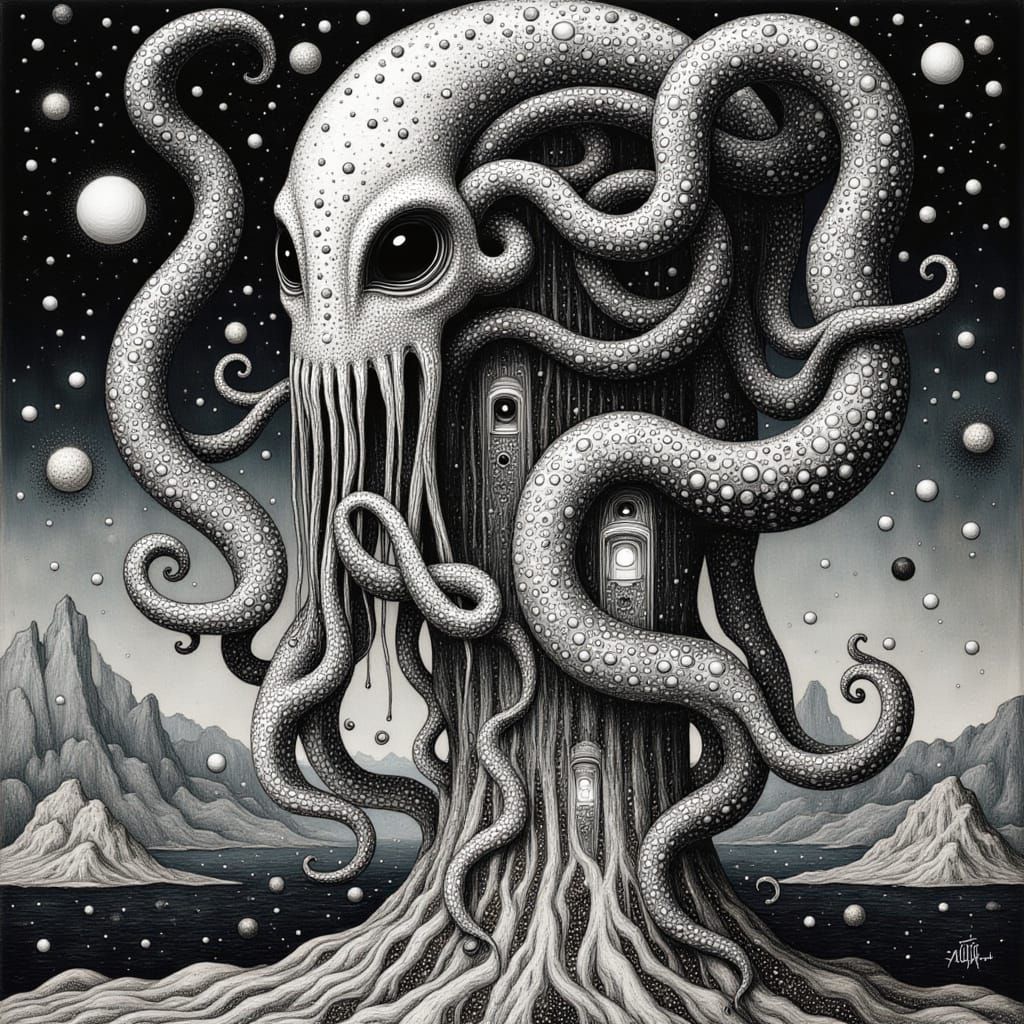 Weeping Medusa Alien in Outer Space Temple