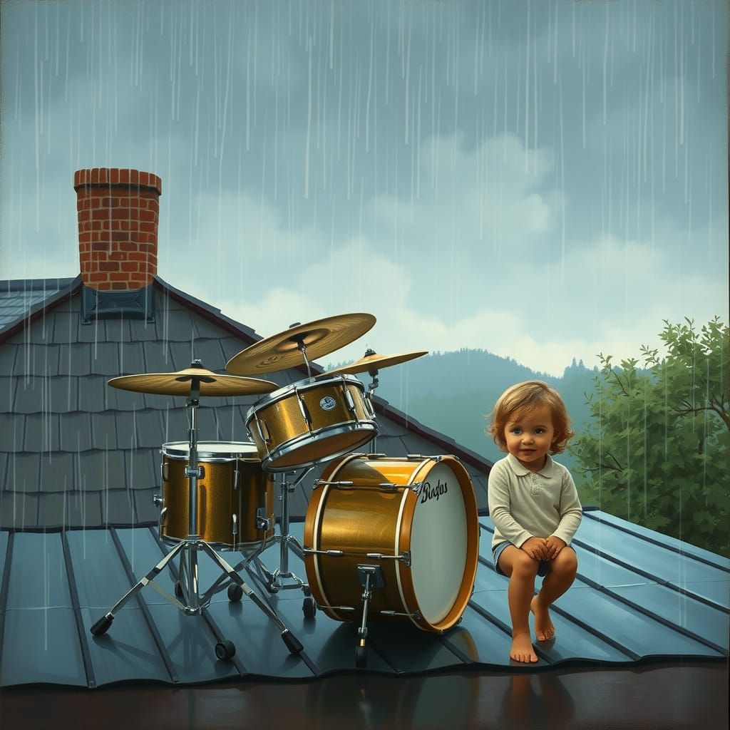 Drum Set Performance on Rainy Rooftop: Oil Painting