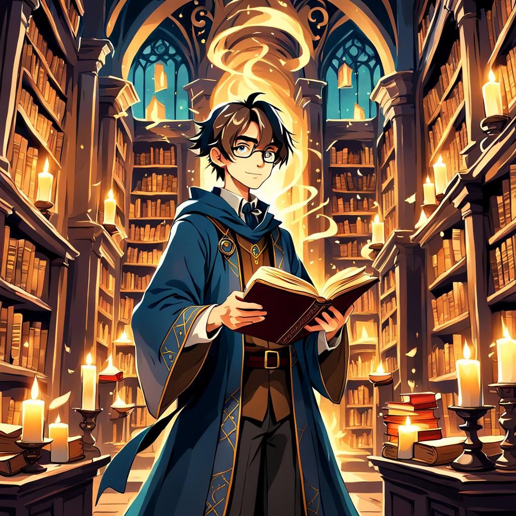 Anime Wizard Boy in Magical Library Illustration