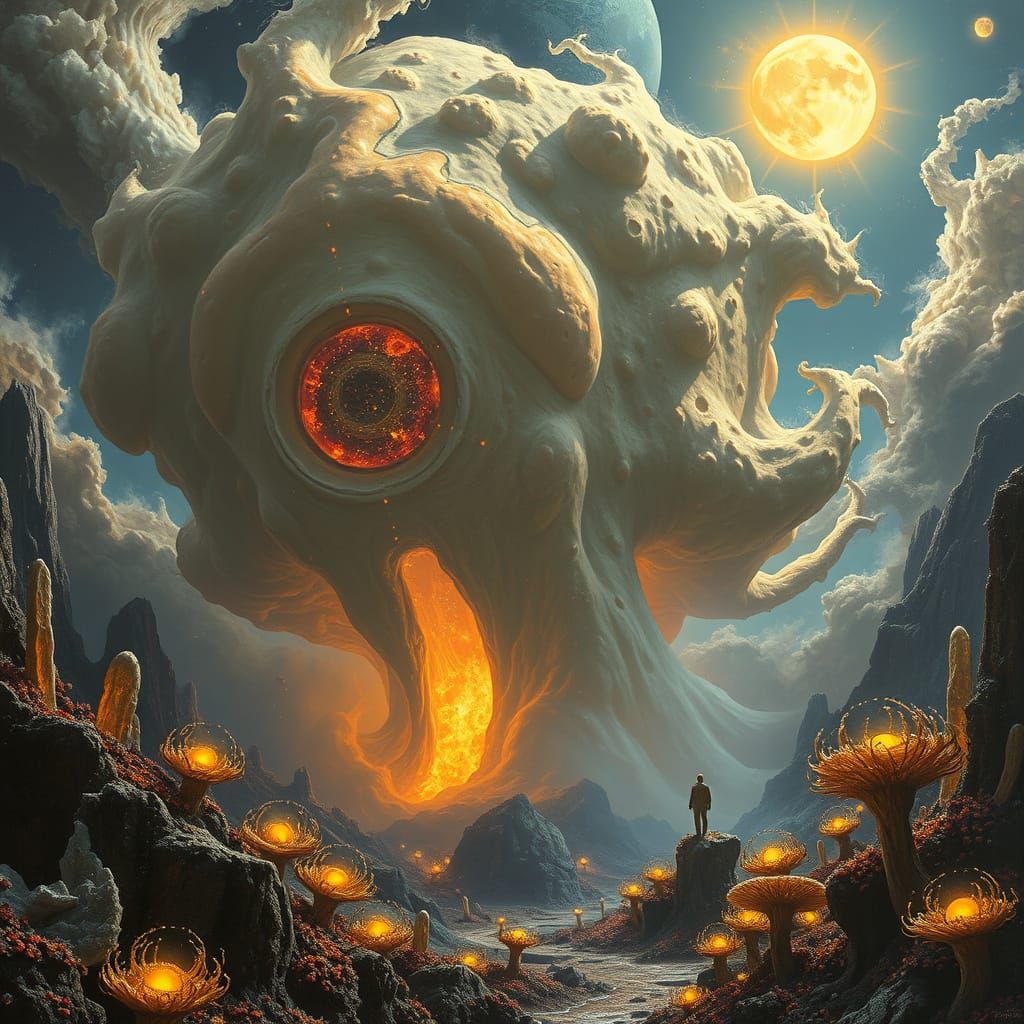 Cosmic Cheese Entity Explodes Through Alien Landscape