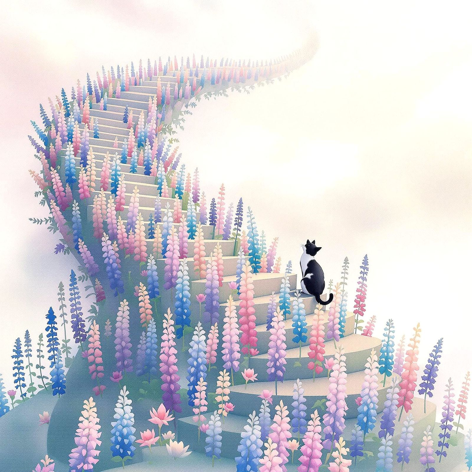 Lupin Flower Staircase with Cat in Watercolor Style