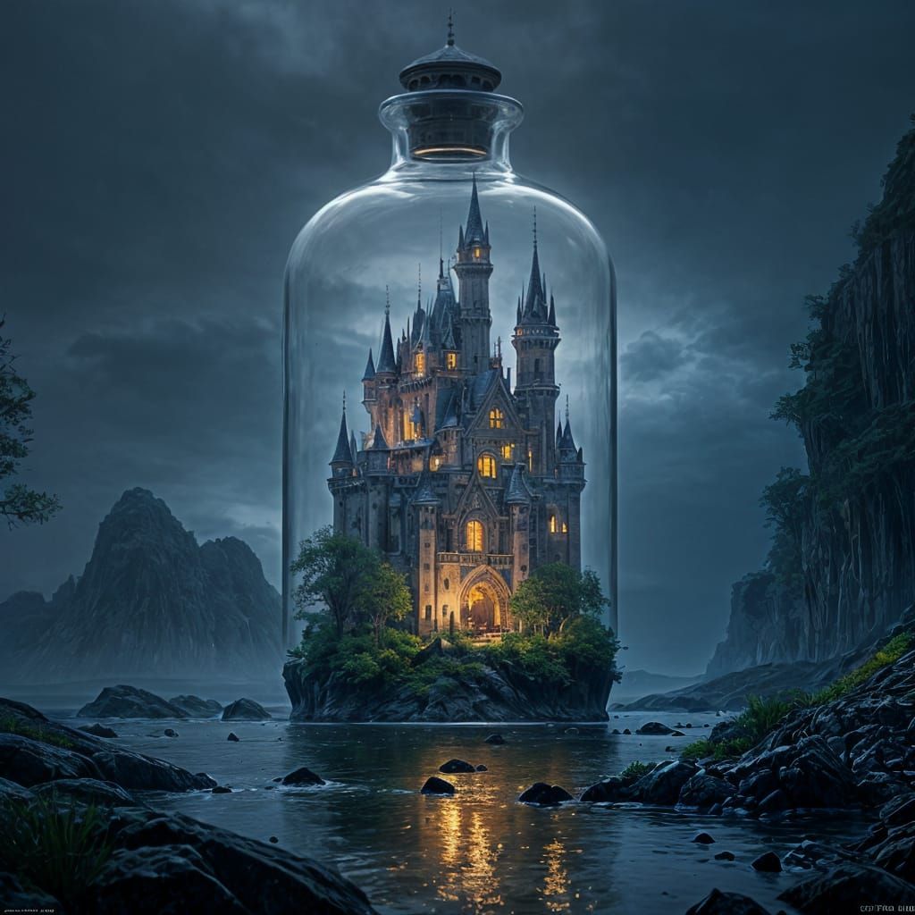 Enchanted Castle in a Glass Vessel Under Starry Skies