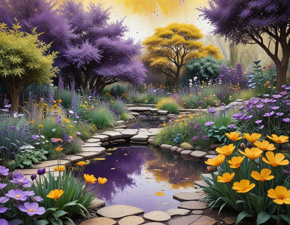 (2 likes) - a beautiful garden with a small water pond